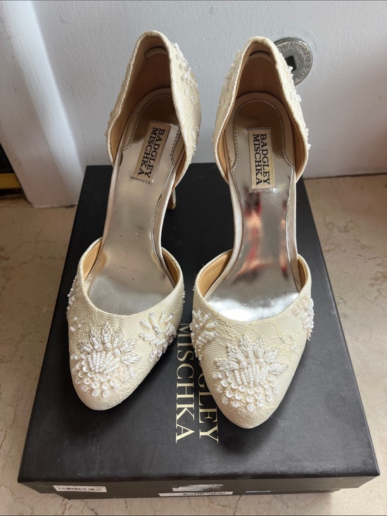 Badgley Mischka Shoes - Badgley Mischka Cream Beaded D'Orsay Pointed-Toe Heels
